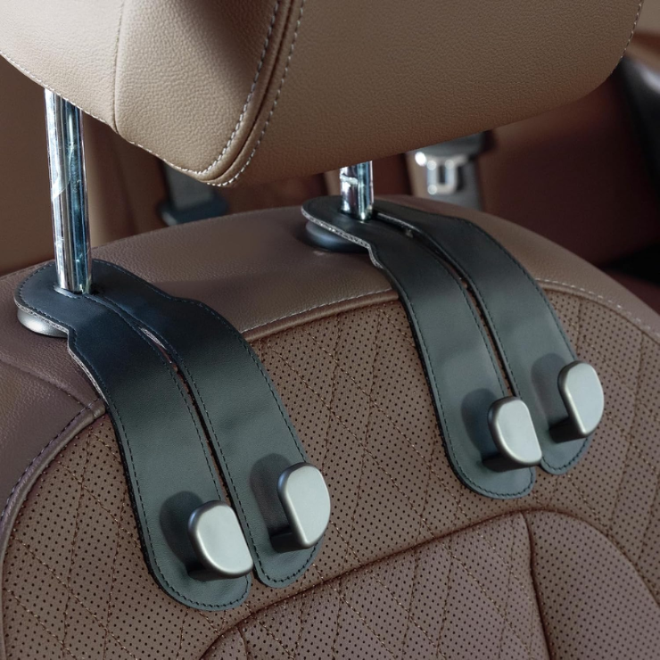 CoBak Purse Hook For Car Universal Premium Stitched Leather And Aluminum-Magnesium Alloy Double Car Seat Back Storage Hook For Purses, Handbags, Bags 2 Pack Black photo 1
