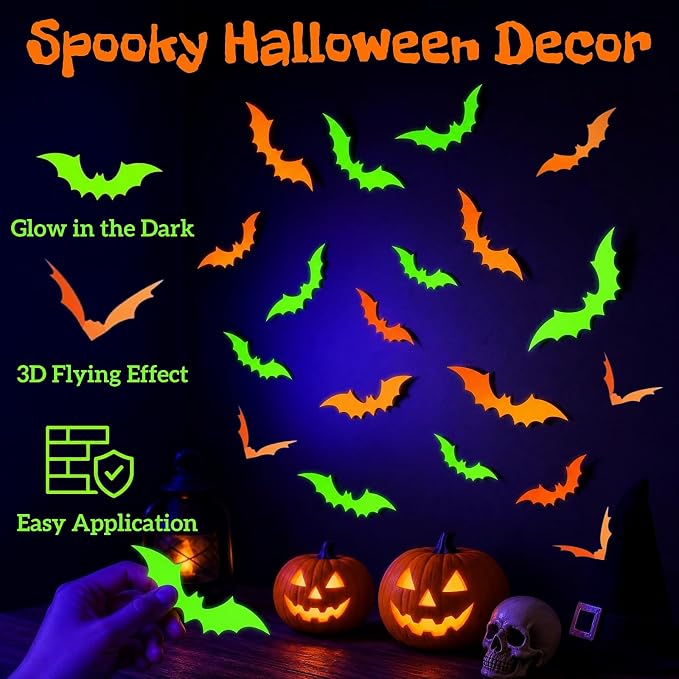 60-Piece 3D Glow-in-the-Dark Halloween Bat Wall Decals Flying Bat Stickers For Spooky Decor photo 3
