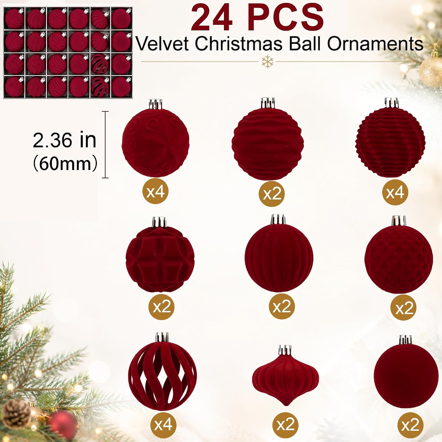 Burgundy Velvet Christmas Ball Ornaments 24 Units, 9 Designs 2.36 Inch Hanging Tree Decorations For Holiday Home Decor photo 5