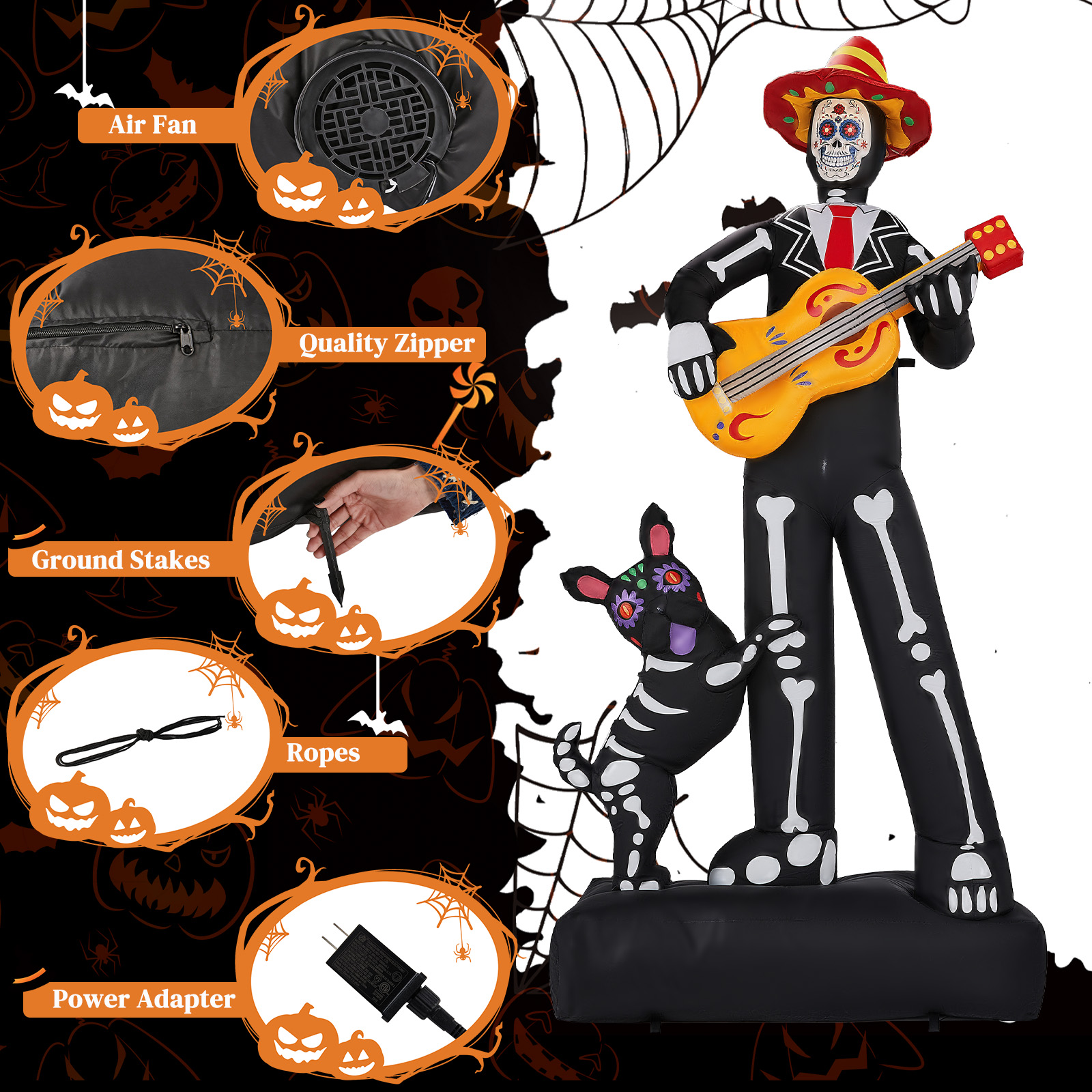 7.3ft Ghostly Musician With Dog,6 LEDs,Black,White,Orange,Halloween Inflatable Decoration,1500mA,12V,US Standard photo 7