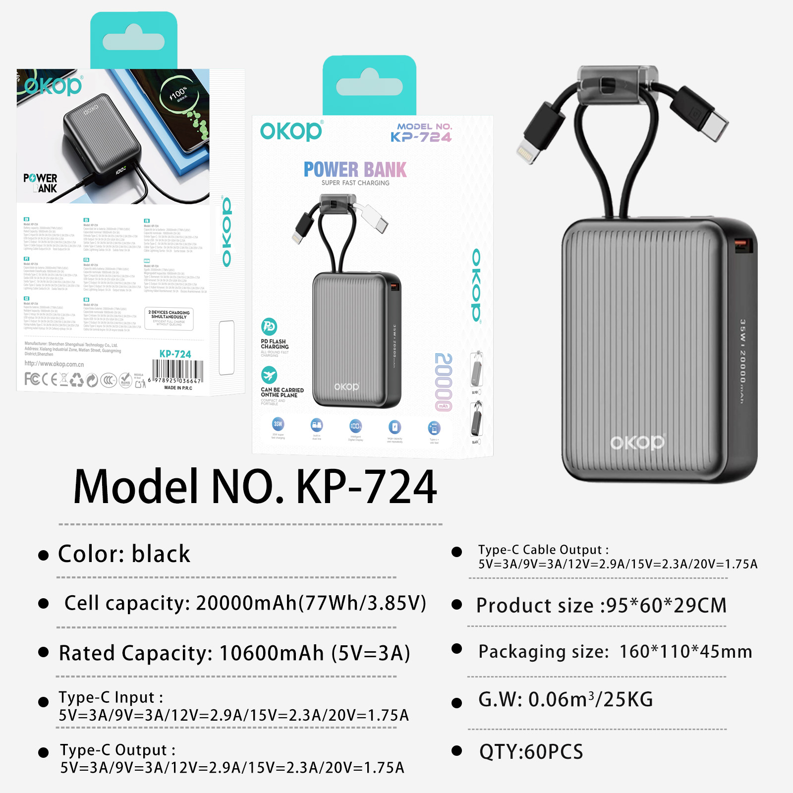 KP-724 20000mAh High-Capacity Power Bank With Digital Display Fast Charging 3C Certified Factory Stock Available photo 3