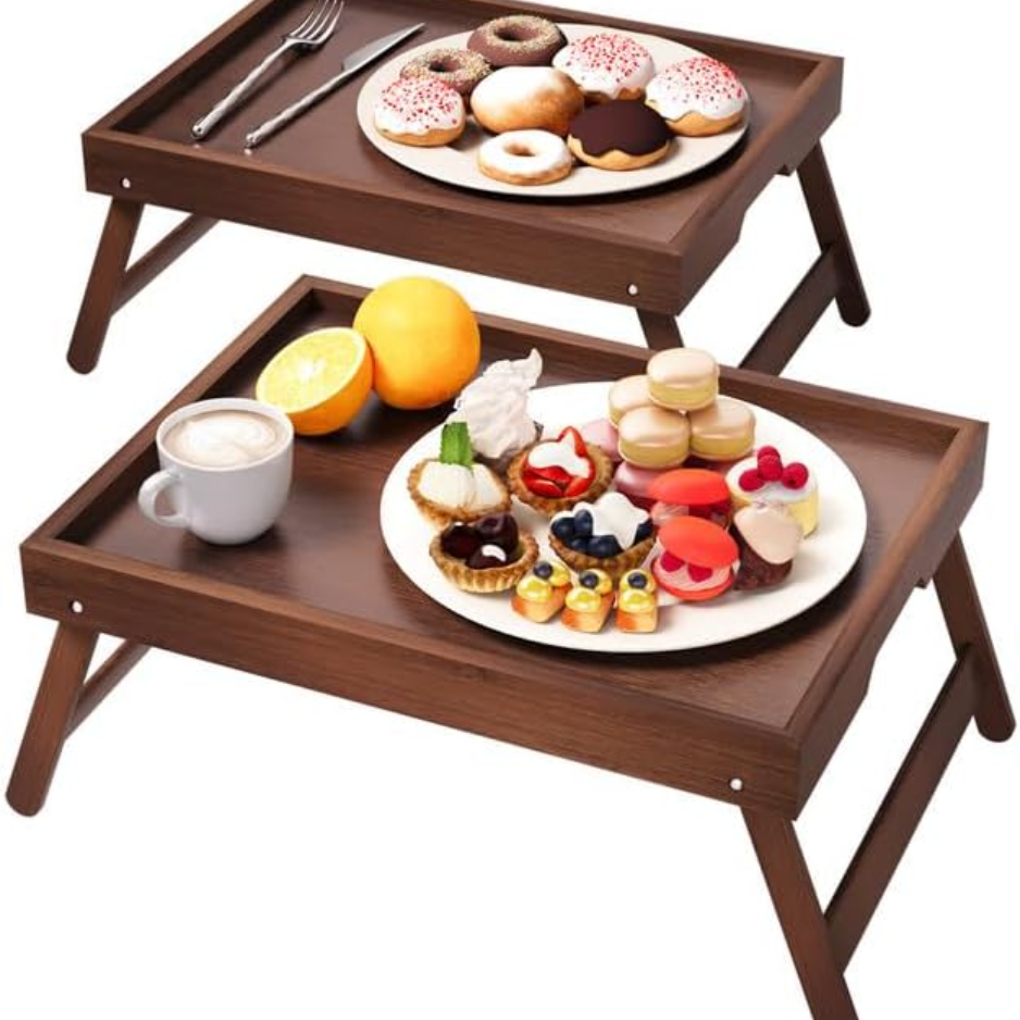 Fibogollo 2 Pack Bamboo Bed Tray Table With Folding Legs,Breakfast Trays,Serving Tray For Food And Snack,Laptop Trays For Working Natural photo 8
