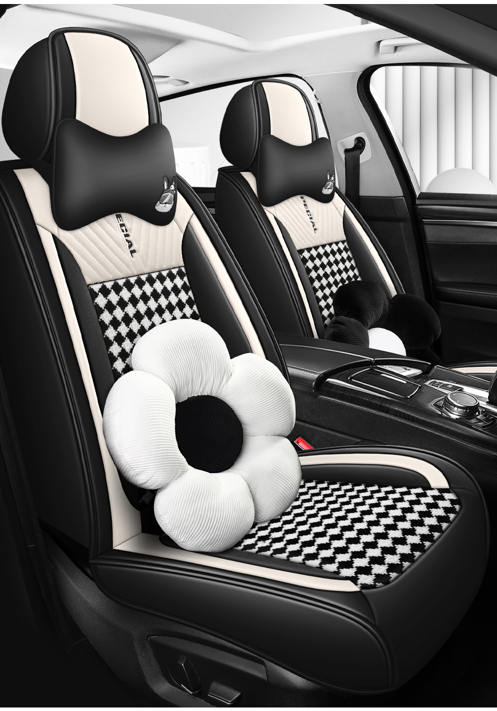 Light Luxury Nordic Style Classic Black White Checkered Plaid Car Seat Covers Full 5-Seat Set Breathable Soft Universal Auto Seat Cushion Protector For Vehicles photo 3