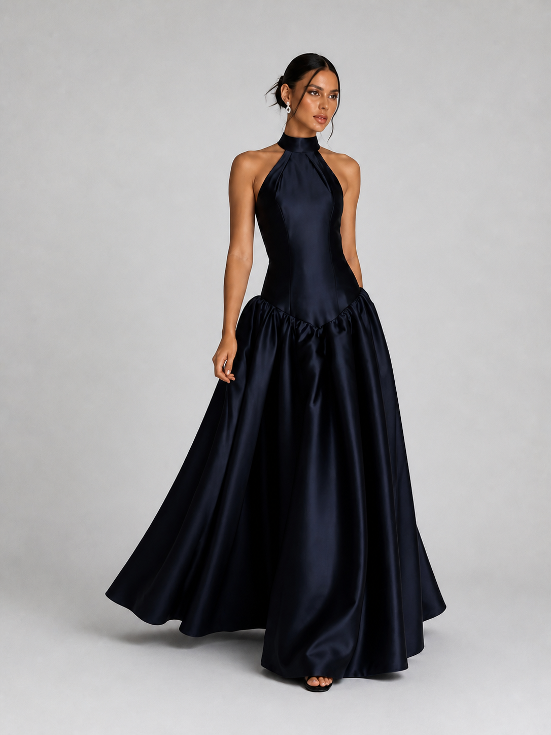 Midnight Navy Satin Halter Neck Ball-Gown Evening Dress photo 1
