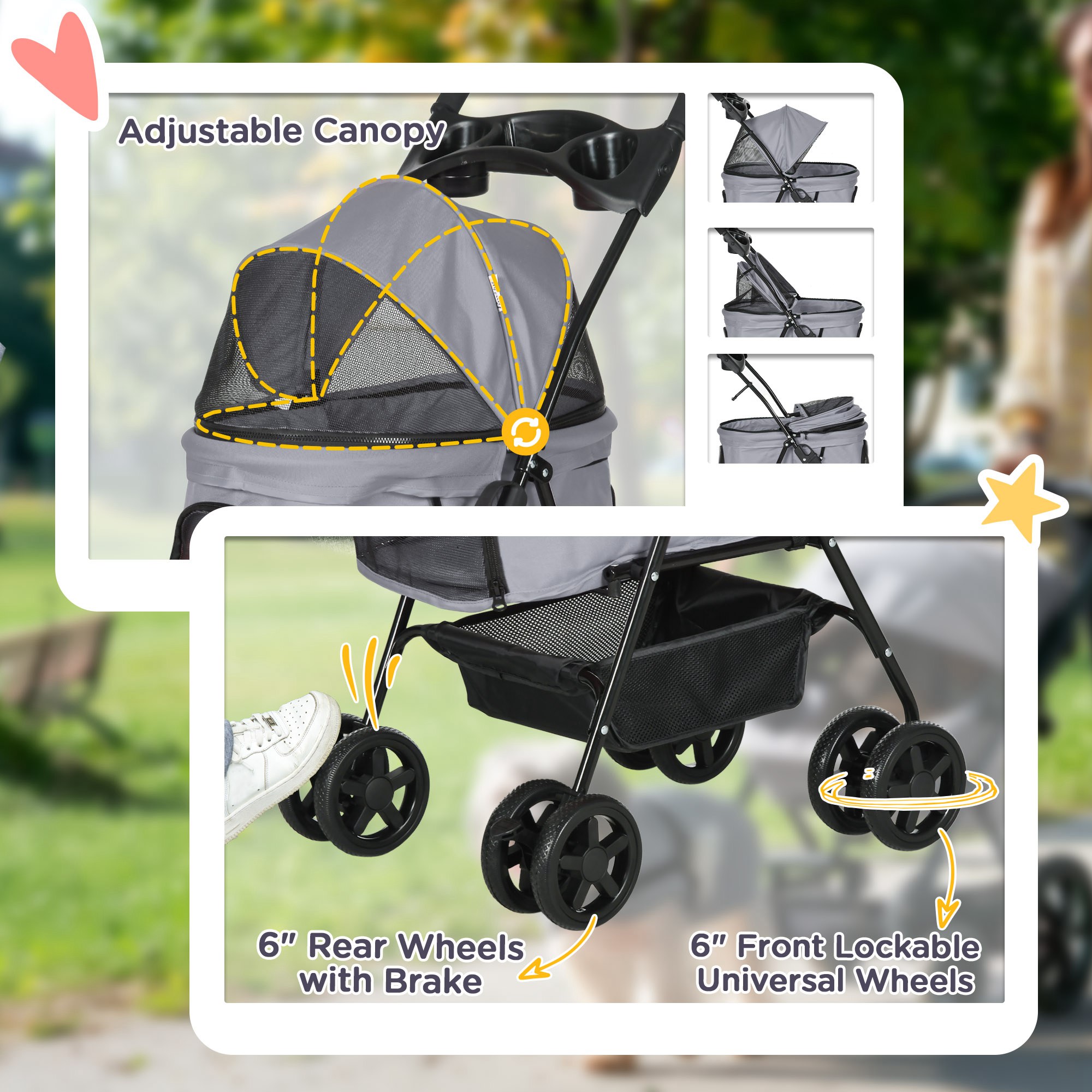 PawHut Dog Pram Dog Stroller Foldable Pet Pushchair With 4 Wheels, Safety Leashes, Cup Holder For Small Dogs, Grey photo 4