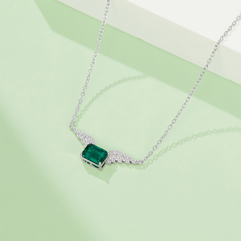 S925 Silver 3g Platinum Plated 0.9ct Lab-Created Emerald Necklace, 7x5mm Angel Wings Pendant, 40&5cm photo 3