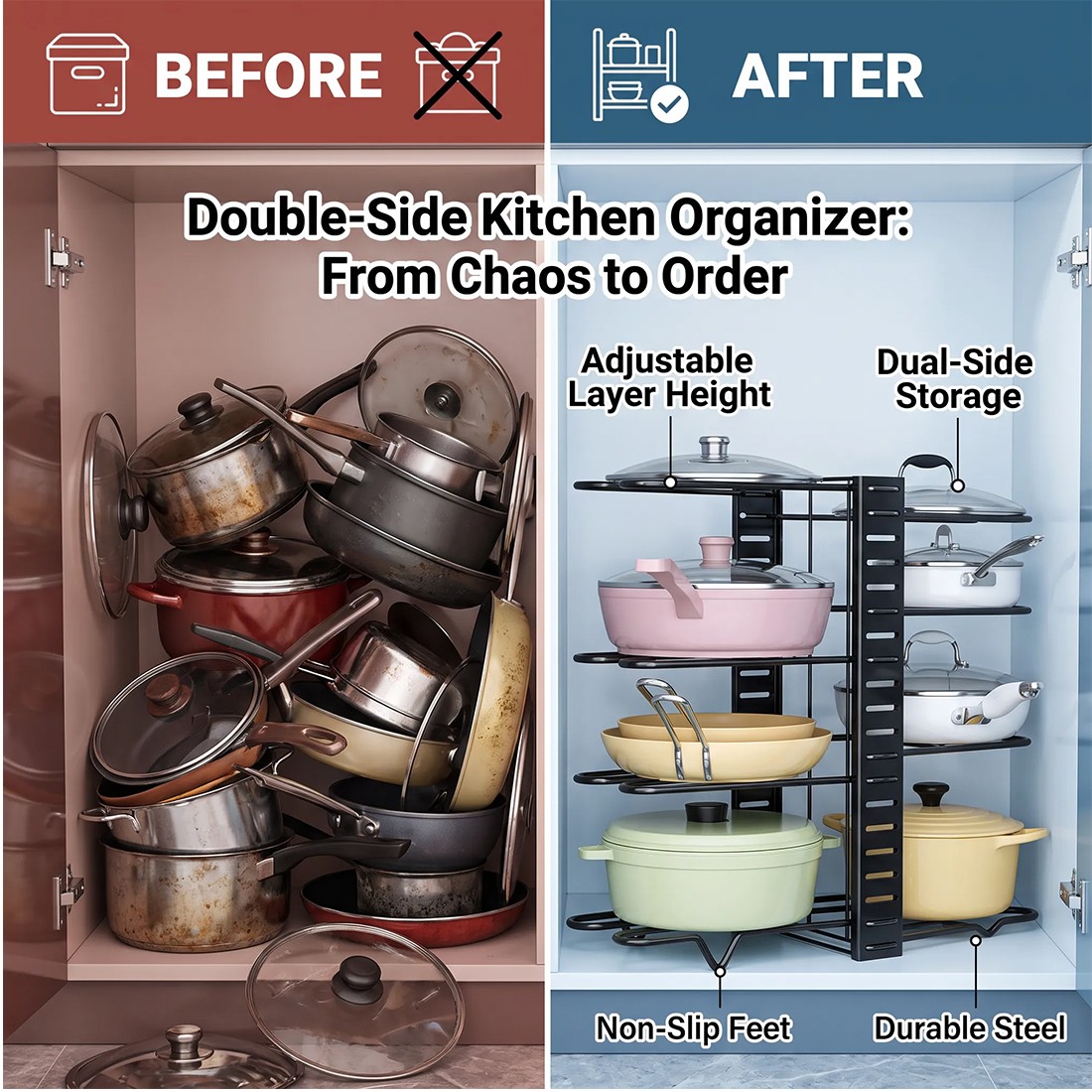 Adjustable Pan Organiser Pot Saucepan Kitchen Storage Rack Holder Sturdy Shelf photo 2