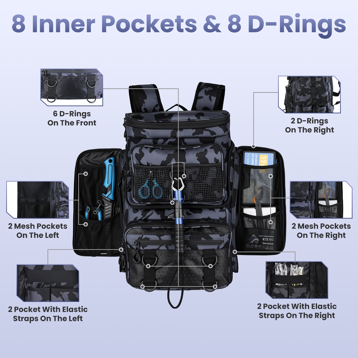42L 11Gal Fishing Backpack Large Capacity Fishing Tackle Storage Bag With Rod Holders 16 Pocket Water-Resistant With Divider Adjustable Padded Straps For Fishing Gear Outdoor Camping Hiking photo 8