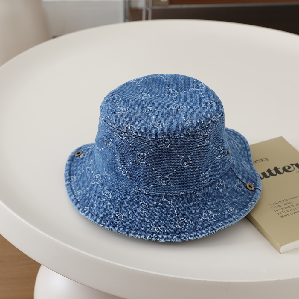 Washed Denim Jacquard Little Bear Fisherman Hat With Wide Brim And Rolled Edge Bucket Hat For Big Children's Outdoor Play And Leisure photo 8