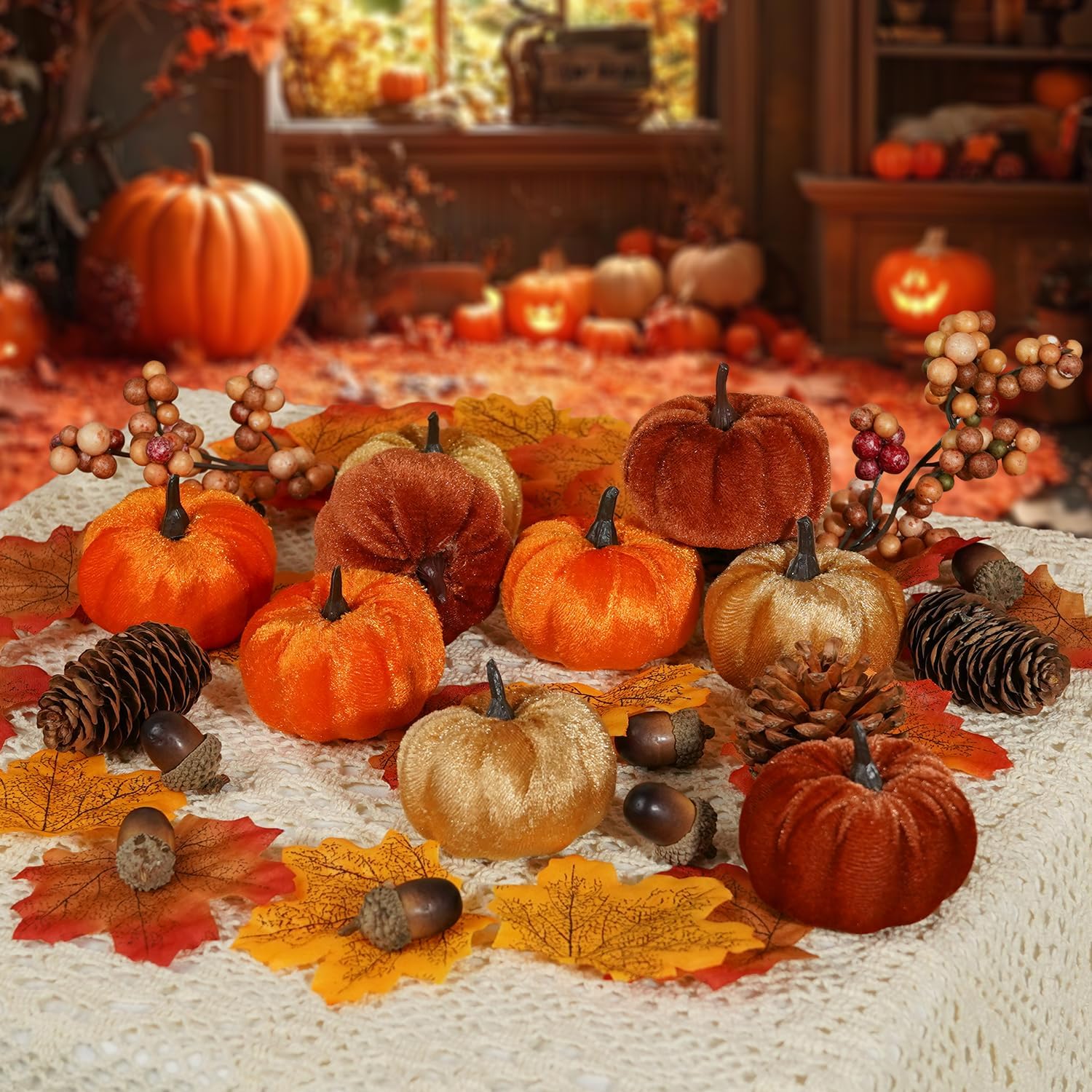 Artificial Fabric Pumpkins 51 Units, Fall Harvest Decorations With Acorns, Pinecones, Berries And Maple Leaves For Thanksgiving photo 4