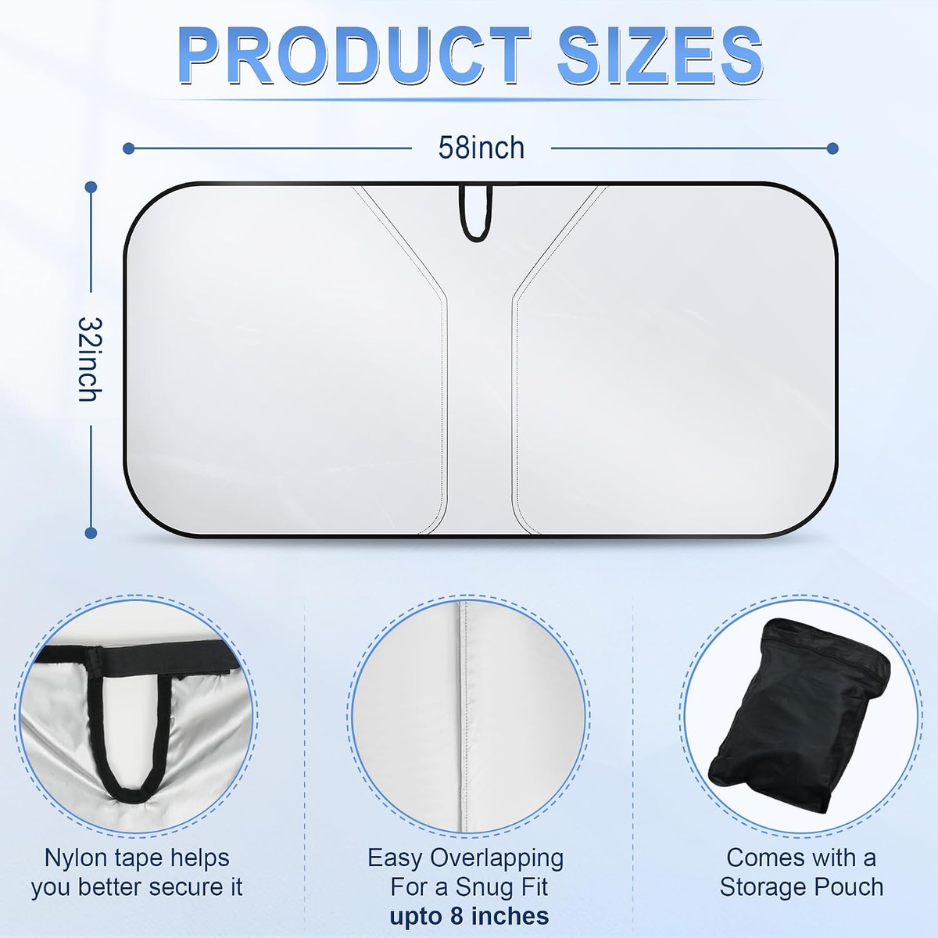 Foldable Car Windshield Sun Shade 58x32 Inch, Reflective Overlapping Window Shade For Car Interior And Front Windshield photo 2