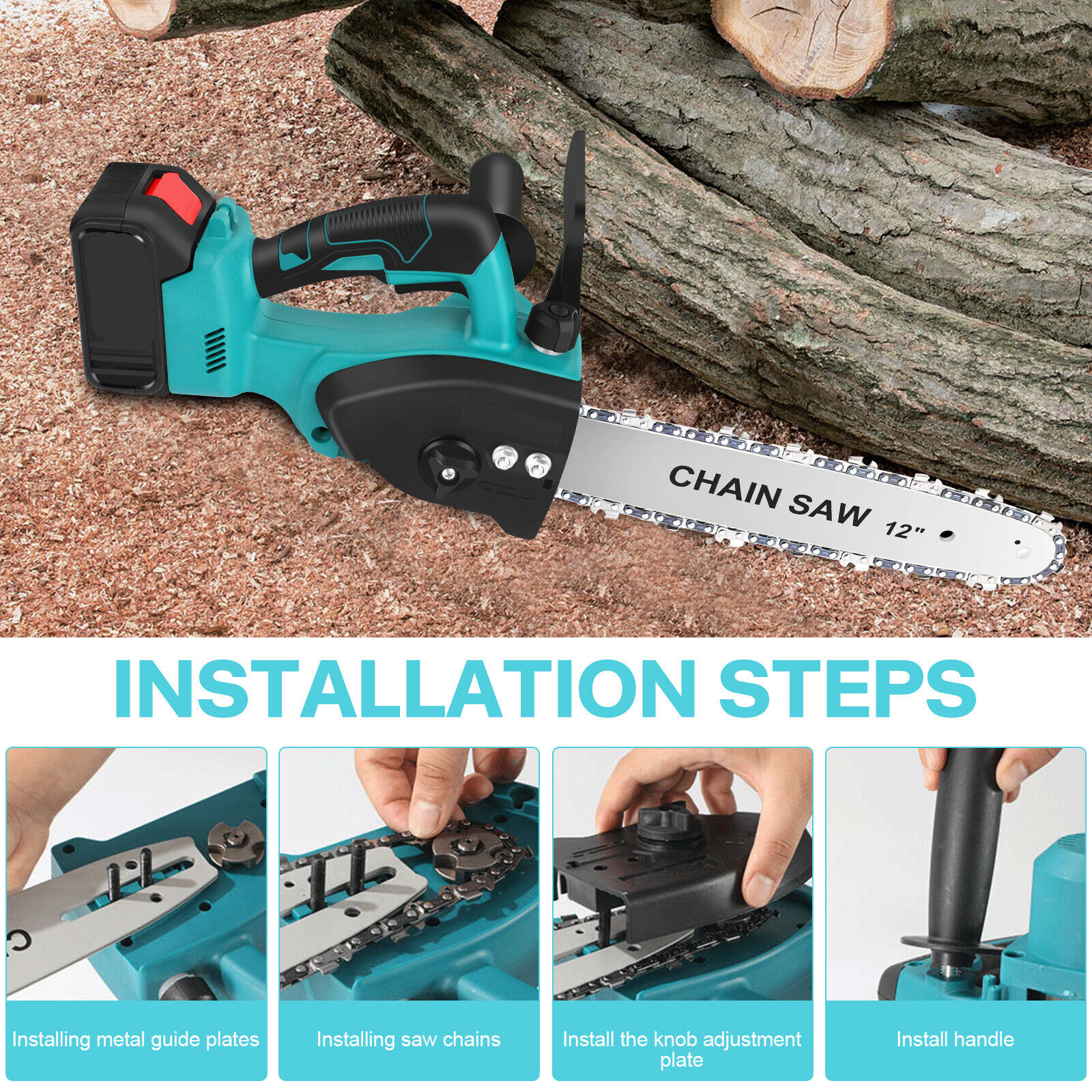 12in Chainsaw Cordless Electric Pruning Shears One-Handed Portable With 2Battery 1Charger Gloves 2Chains 1 Carry Box For Branch Wood Cutting Garden Tree Logging Trimming photo 6