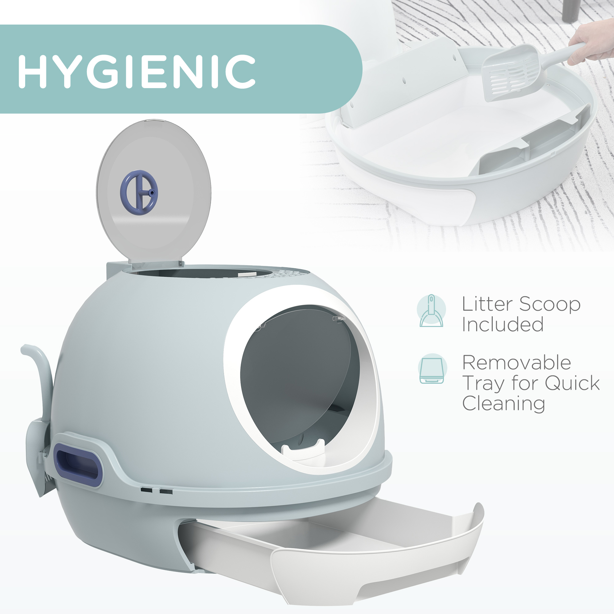 PawHut Cat Litter Box Toilet With Litter Scoop Enclosed Drawer, Front Entry Top Exit, Easy To Clean Blue photo 2