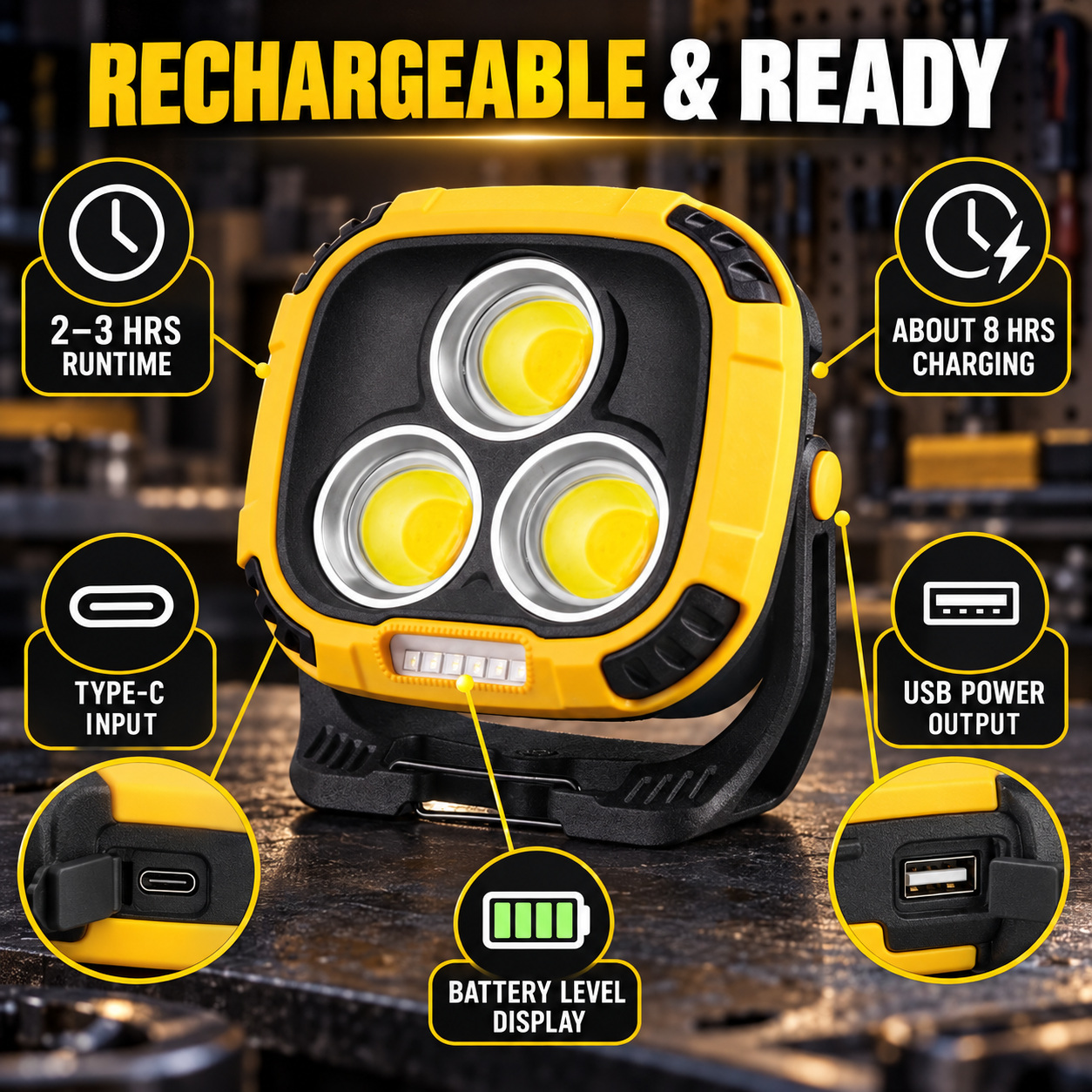 Rechargeable Magnetic Battery Display Type C LED Work Light Base Hanging W891 2 Hook Flood photo 3
