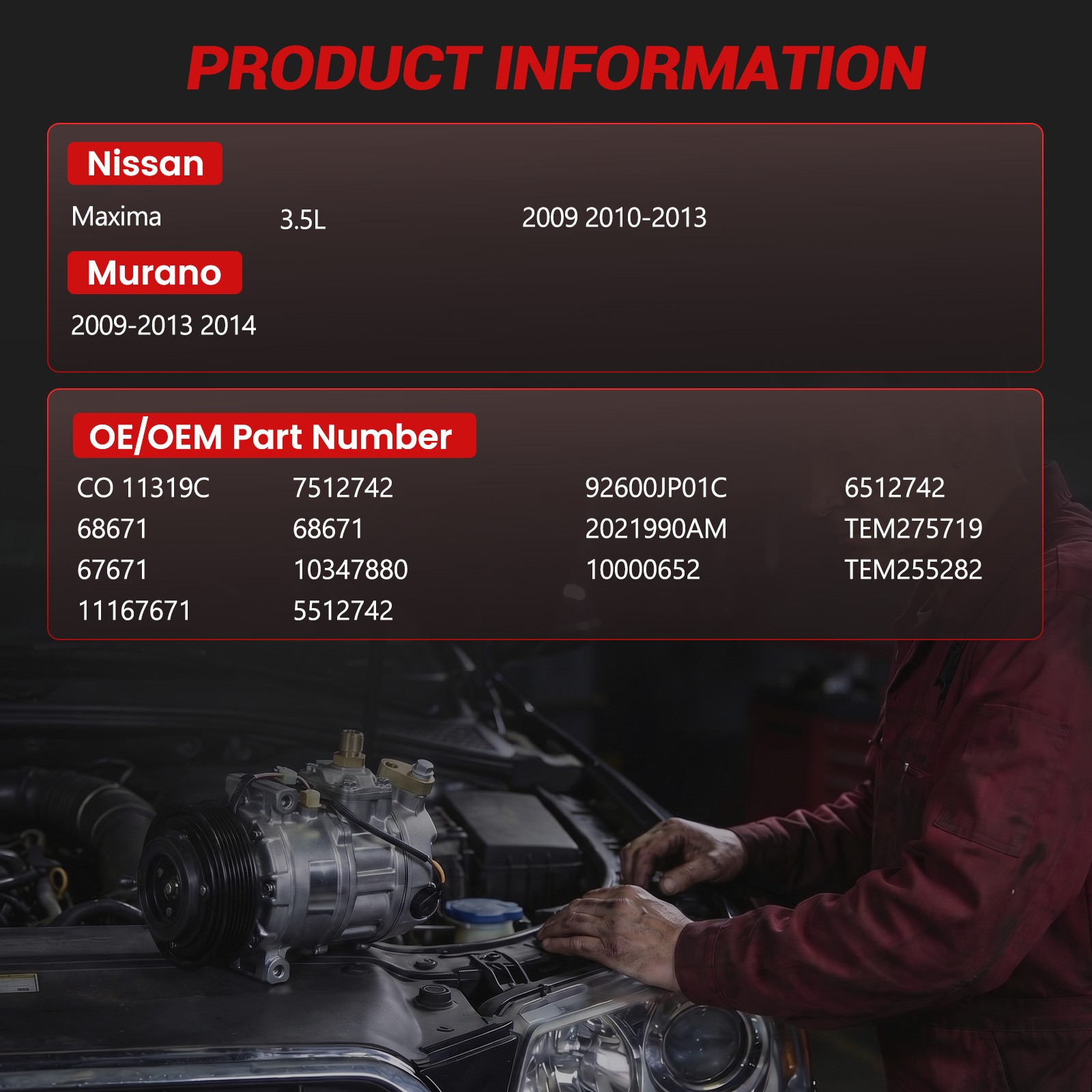 A,C AC Compressor For -Nissan Murano Maxima 3.5L 2009-2014 Air Conditioner 11319C photo 8