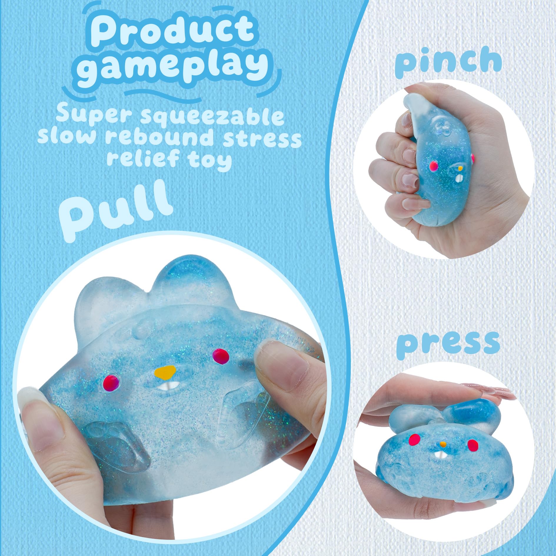 Stress Relief Blue Glitter Bunny Squeeze Toy - Jelly Hops Sensory Squishy Fidget Toy, Anxiety Calming Soft Jelly Ball For Kids & Adults photo 2