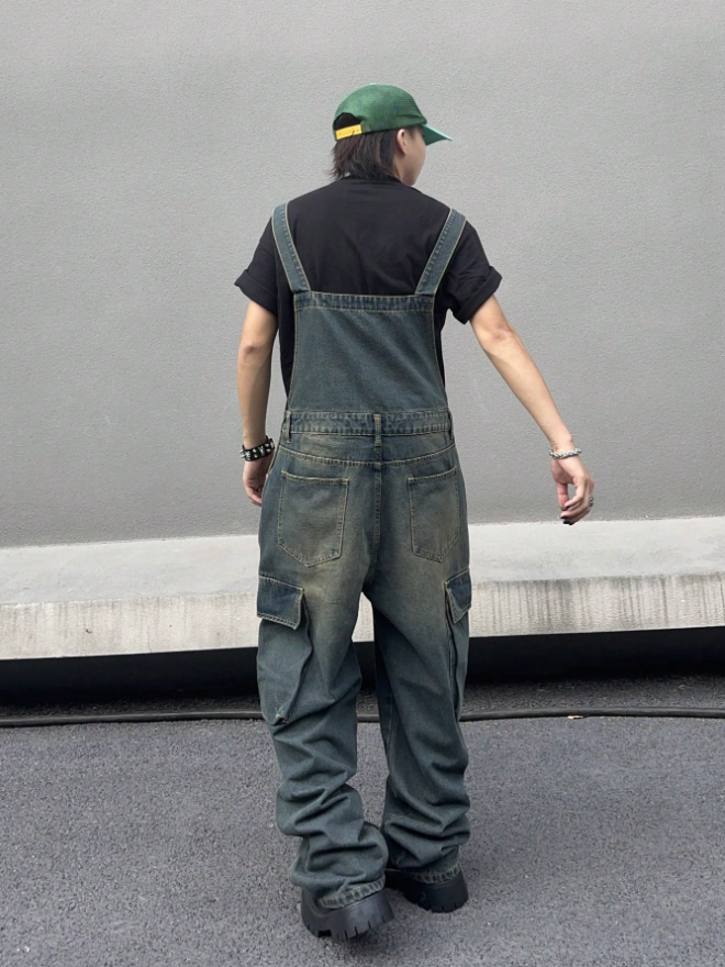 Mens Vintage Denim Bib Overalls Faded Wash Wide Leg Baggy Streetwear Dungarees US Warehouse Ready Stock photo 6