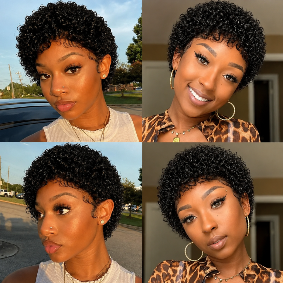 Pixie-style Human Hair Wig, Natural Color, Jerry Curly Texture, 4-inch Length. photo 3