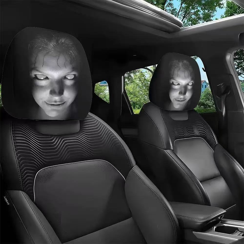 Car Headrest Cover 2 Pack Scary Face Pattern Seat Protector Halloween Decor photo 1