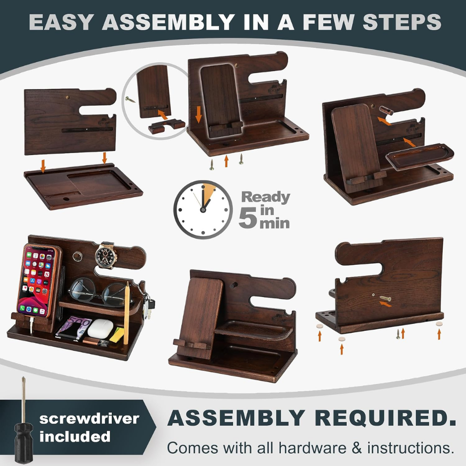 TESLYAR Wood Phone Docking Station For Men - Desk Or Nightstand Organizer - Birthday Gifts For Husband, Dad - Anniversary Idea From Wife - Key Holder, Stand Wallet, Watch, Essentials photo 5