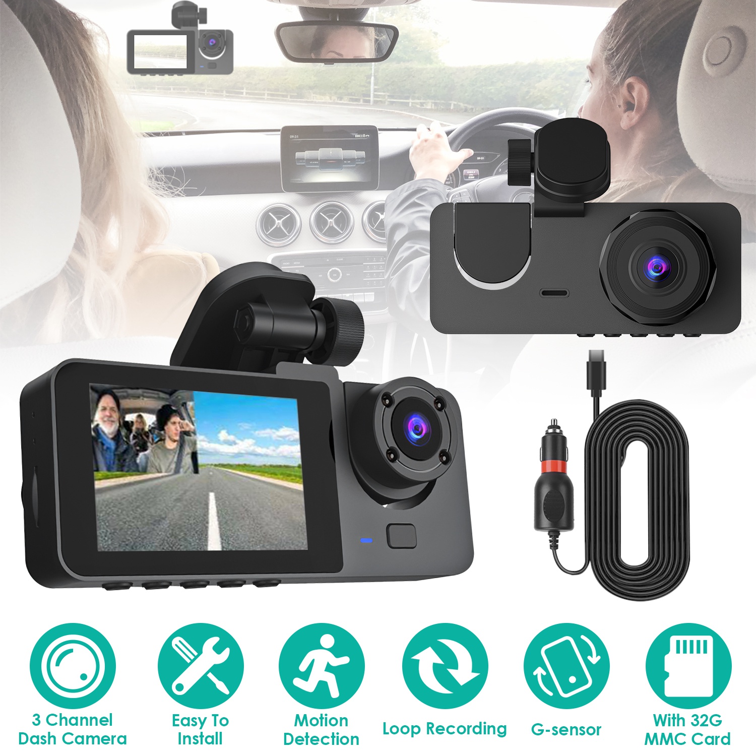 3 Channel Dash Cam Front Inside Rear Vehicle Driving Recorder Car DVR With 32G MMC Card G Sensor Motion Detection Parking Monitor Loop Recording photo 1