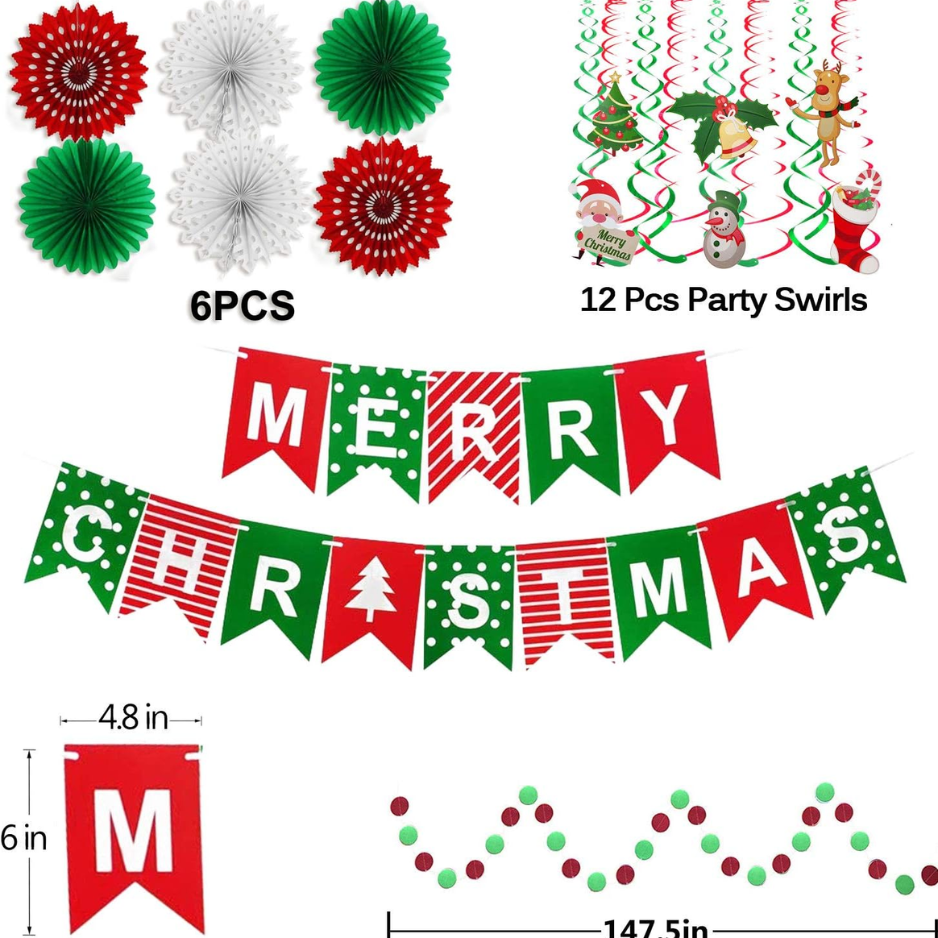 Merry Christmas Banner Paper Fan Flower Circle Confetti Dots Hanging Garlandand Swirl Streamers Christmas Tree photo 3