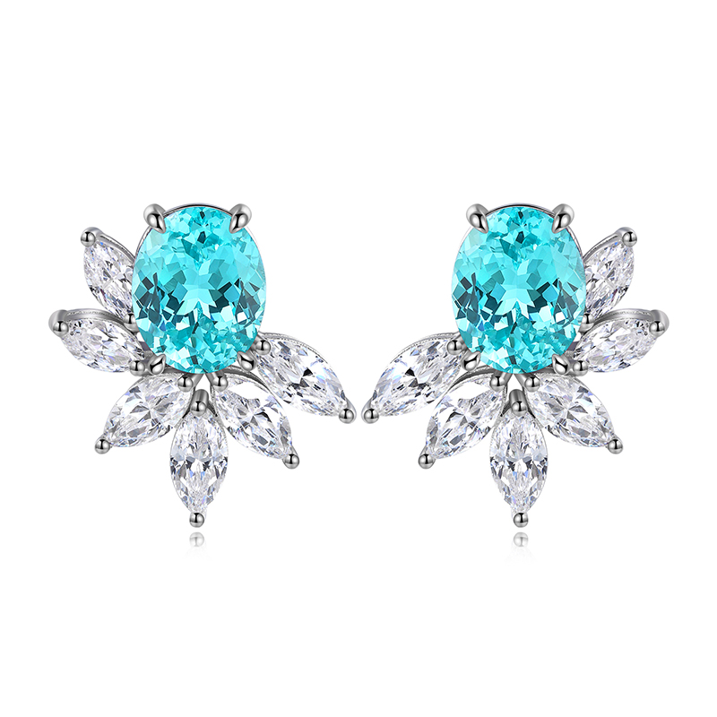 S925 Silver 7.3g Lab Created Gemstone Earrings, 10x8mm Multi-Color Flower Studs, Ruby Sapphire Emerald Paraiba photo 7
