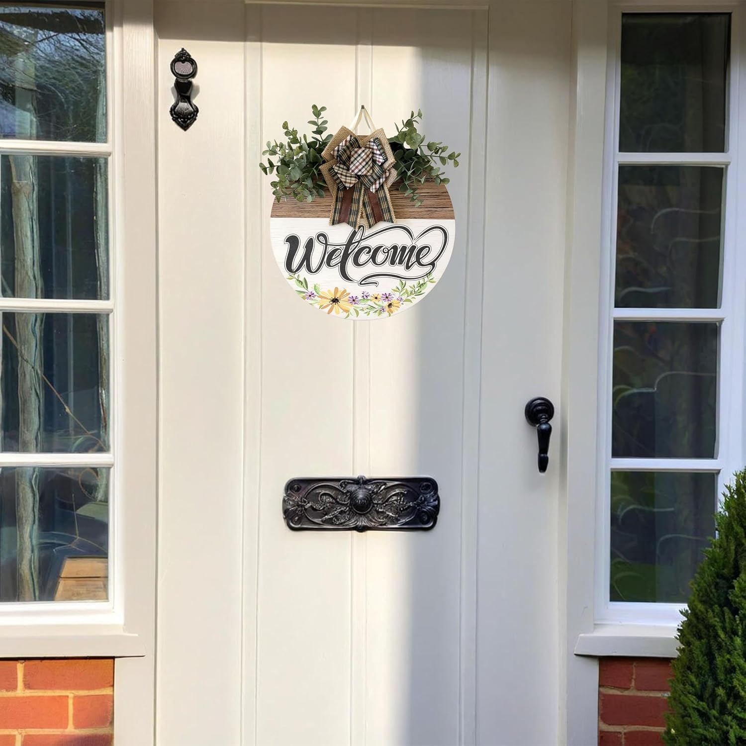 Welcome Door Sign 12 Inch Round Wooden Hanging Sign With Artificial Leaves, Farmhouse Porch Decor For Indoor Outdoor Home photo 3