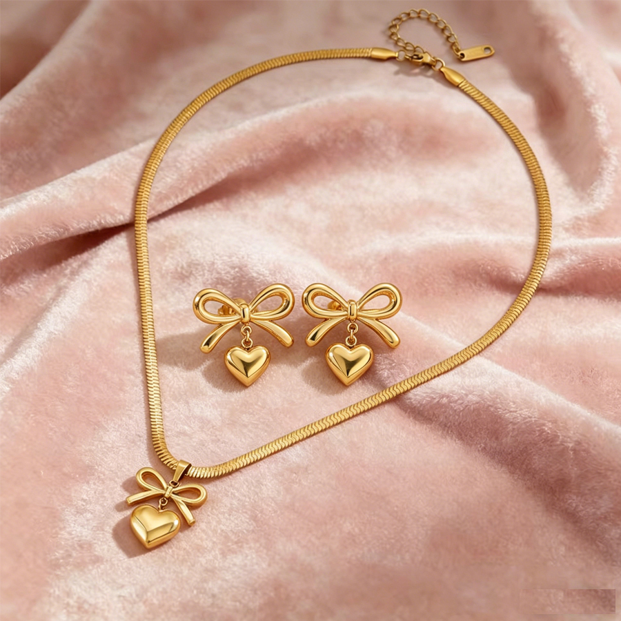 Women Bowknot 3D Puffy Heart Jewelry Set Snake Chain Necklace & Stud Earrings 2Pcs Gold Silver Tone Stainless Steel Romantic Valentine Gift Jewelry photo 7