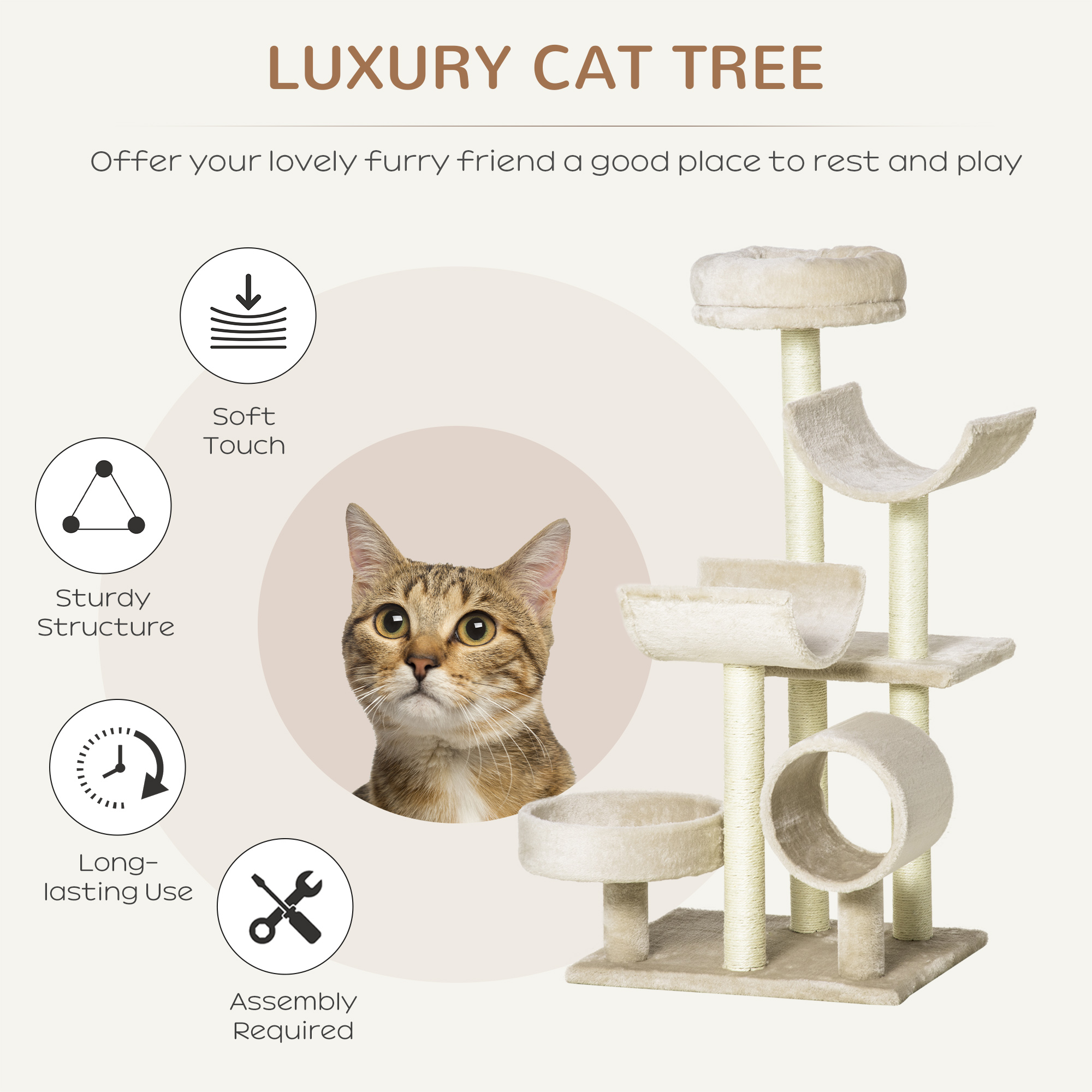 PawHut Cat Tree For Indoor Cats Kitten Pet Scratching Post Perch Activity Center Scratcher Climb Post Play House Arch With Tunnel 105cm Tall Beige photo 7