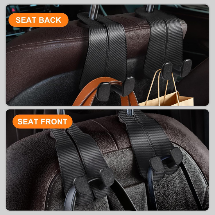 CoBak Extra Wide Car Seat Back Hooks, Premium Stitched Leather Headrest Hangers With Wide Slot Structure, Universal For Any-Width Purses, Handbags, Bags 2 Pack Carbon Fiber Black photo 4
