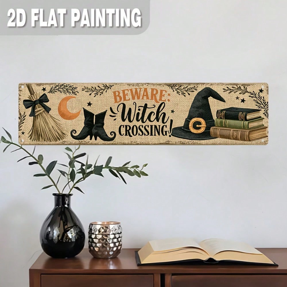Beware Witch Crossing Metal Sign 2D Flat, Rustic Halloween Entryway Decor photo 1