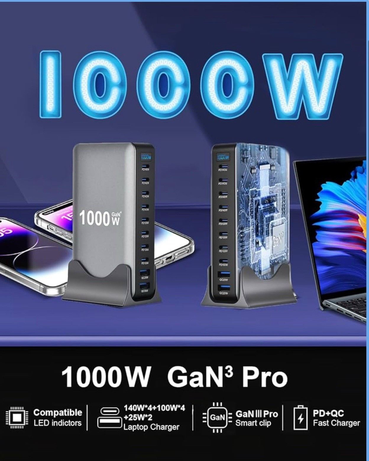 GaN1000W 10Ports Fast Charging Station USB&Type-C For  Laptops  MacBook photo 2