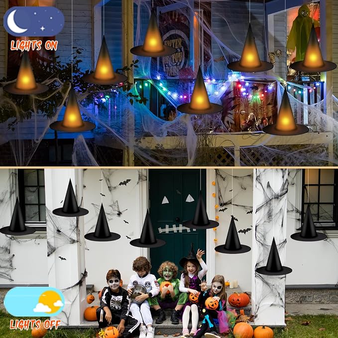 12-Piece Light-Up Halloween Witch Hats With Tea Lights, 3D Bats And Hanging Rope For Indoor Outdoor Decor photo 4