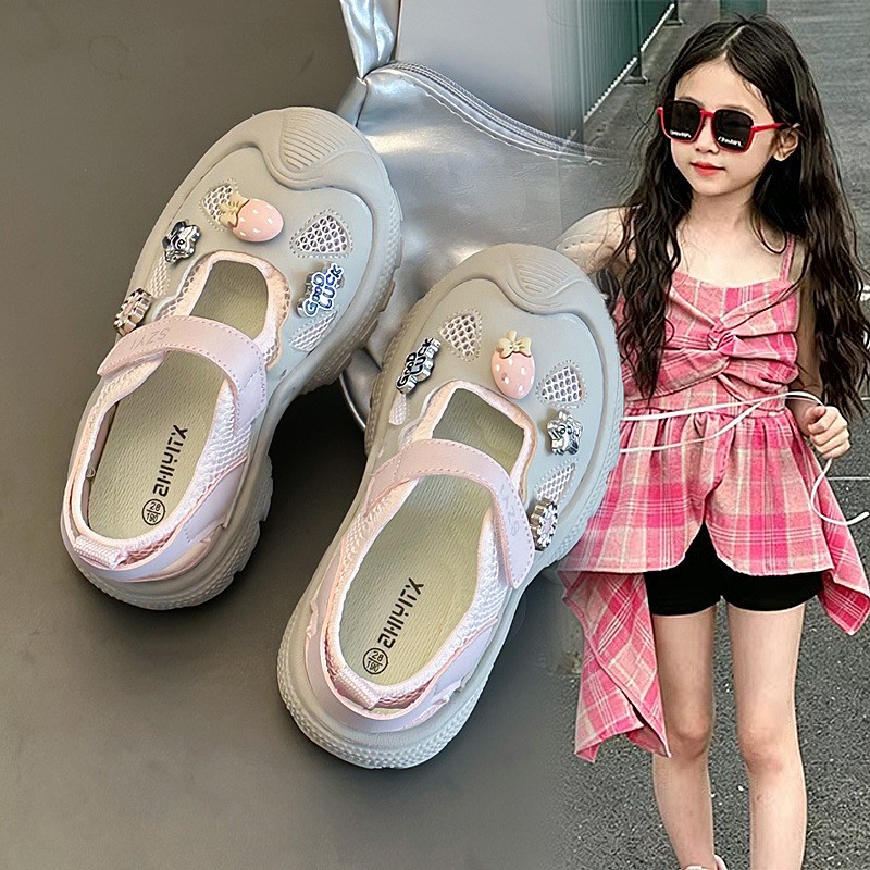 Trendy Brand Kids Mary Jane Sneakers, Hollow Out Heel Design, Hook-and-Loop Slip-On Breathable Mesh Shoes For Girls photo 2