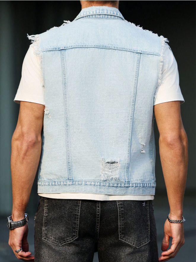 Light Blue Denim Vest Men Frayed Ripped Sleeveless Jean Jacket Ready To Ship From US photo 6