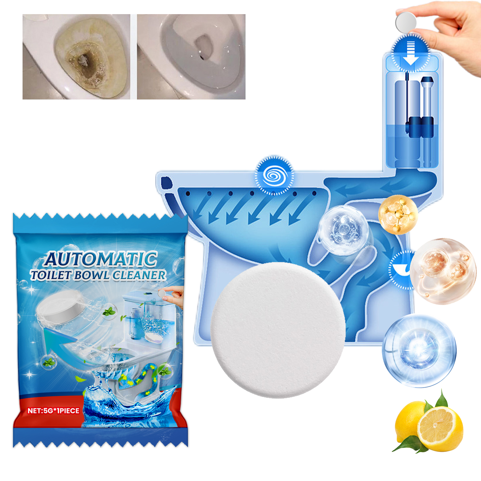 Toilet Cleaning Foaming Tablet Single 5gx1pc-bag, Toilet Cleaning Foaming Tablet Effect Deodorizing-Cleaning, White, Including Printed Slice Price 0.12 photo 1