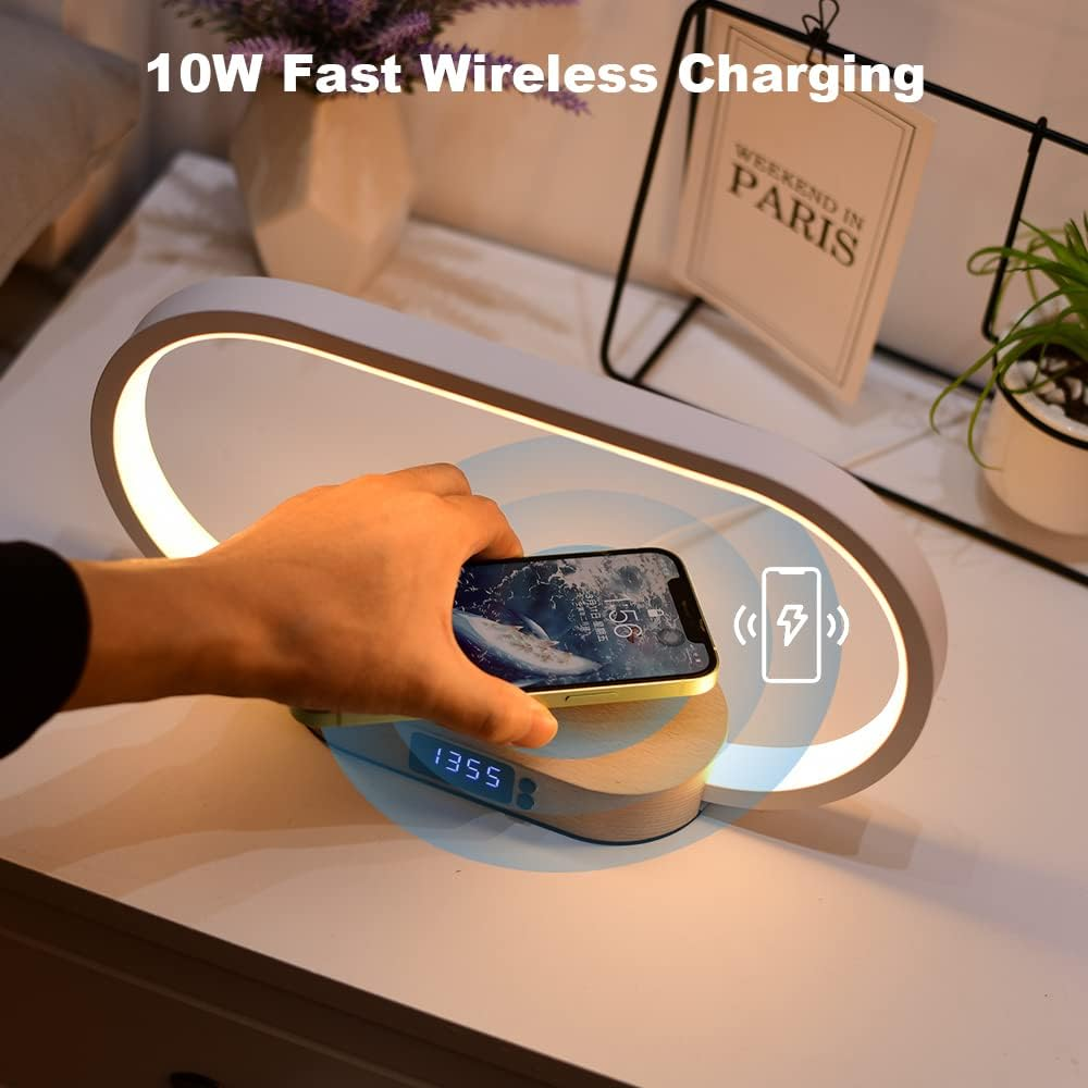Donewin Bedside Lamp With Wireless Charger,Wooden Table Lamp With Charging Station,Touch Nightstand Lamp With Clock,3 Color Stepless Dimming Touch Lamp For Bedroom,Unique Gifts For Women photo 3
