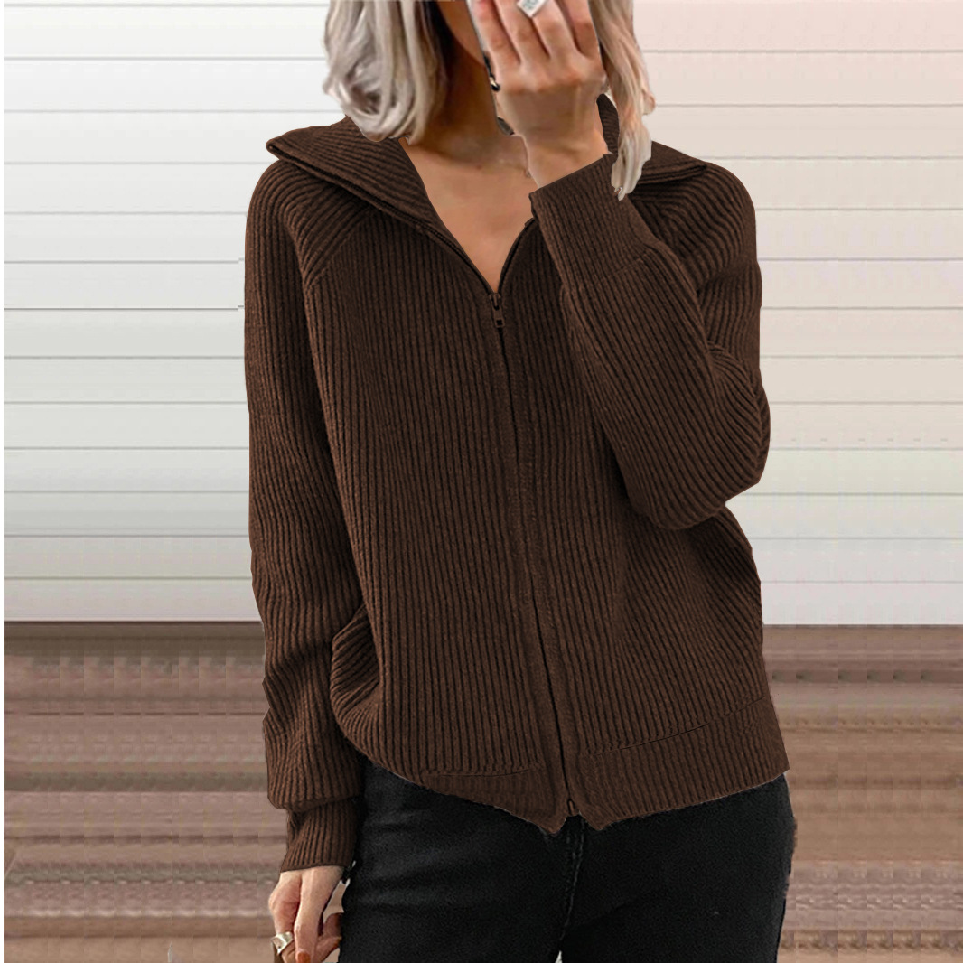 European And American Cross-border Fall And Winter New Style Striped Casual Jackets, Loose Knitted Tops With Zippers, Long-sleeved Lapel Sweaters For Women, Available In 6 Colors. photo 6