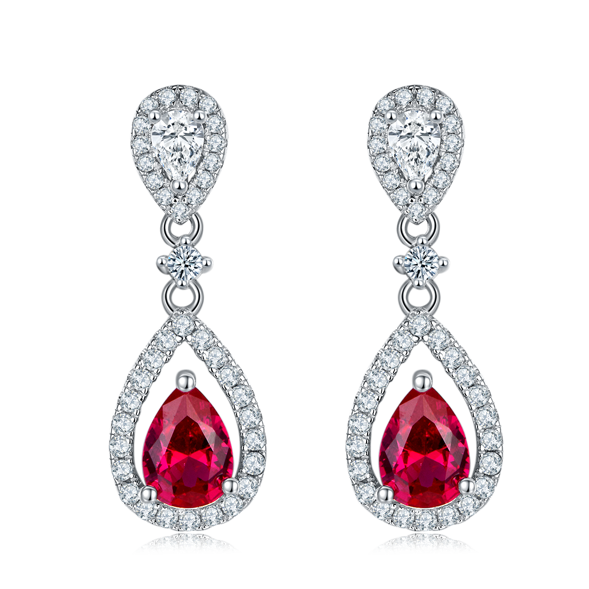 S925 Silver 3.9g Lab-Created Ruby Drop Earrings, 0.8ct 7x5mm Halo, Pair photo 1