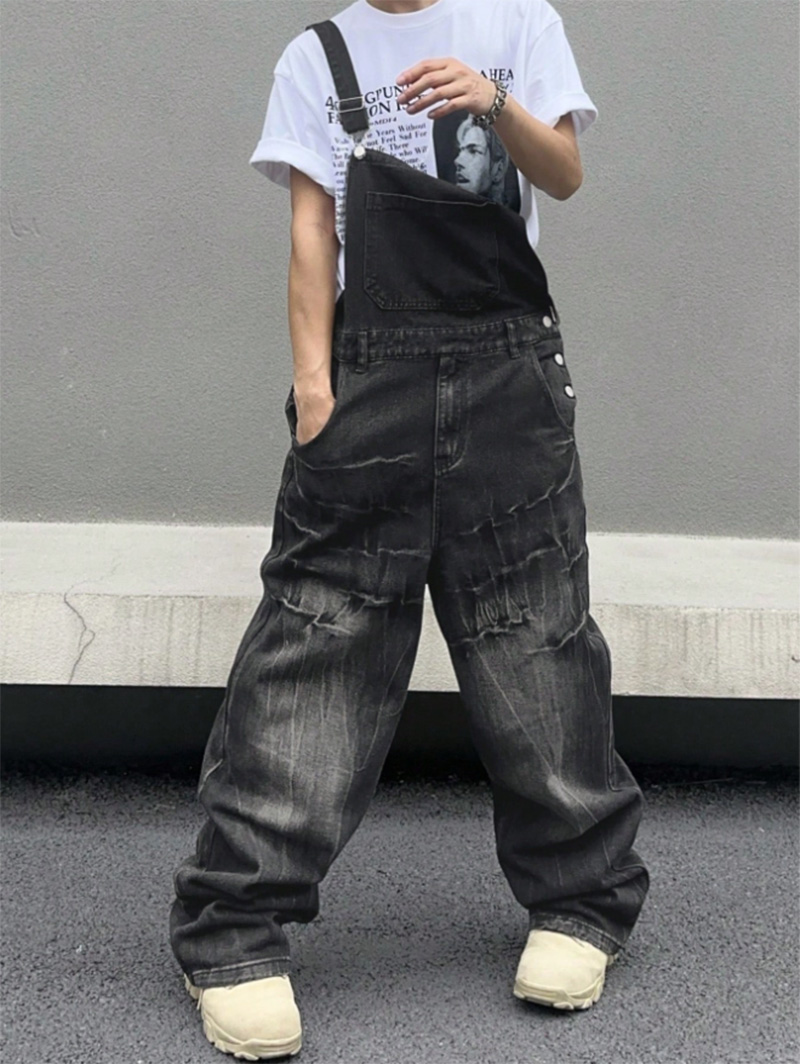 Men Black Denim Overalls Loose Fit Bib Pants Workwear Style Casual Jeans Jumpsuit Wholesale Ready Stock photo 7