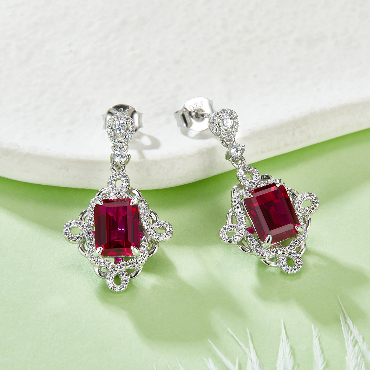 S925 Silver 4.4g Platinum Plated Lab-Created Ruby Drop Earrings, 8x6mm Emerald Cut 4ct, Pair photo 2