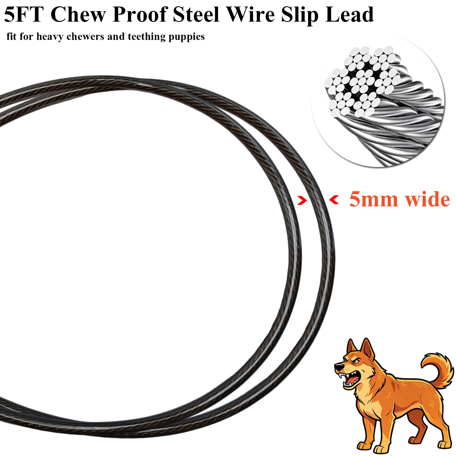 5FT Cable Slip Lead Dog Leash Chewproof Steel Wire Dog Lead Up To 125 Lbs 5mm Thick Rope For Medium Large Dog Training Walking With Soft Handle photo 5