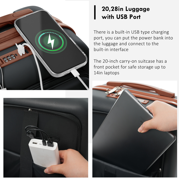 4-Piece Luggage Set With USB Charging Ports - 20in Carry-On Front-Opening For Laptop 28in Checked Suitcase With TSA Lock Travel Duffel Bag Wet-Dry Toiletry Bag, Black And Brown photo 8