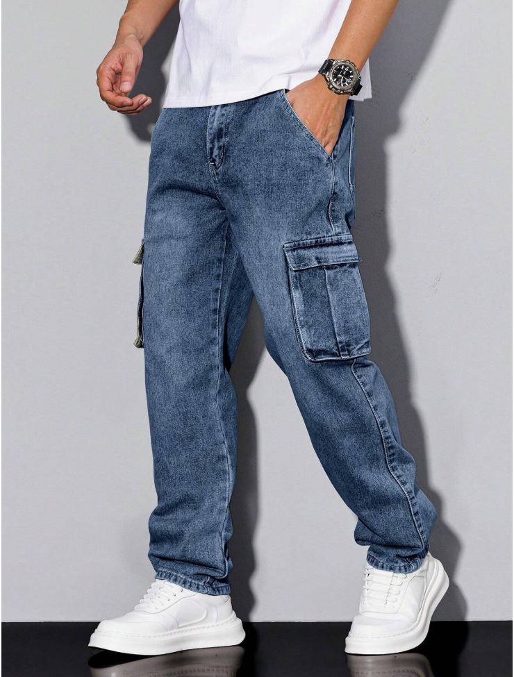 Men's Loose Fit Cargo Denim Jeans Multi Pocket Utility Pants US Ready Stock photo 2