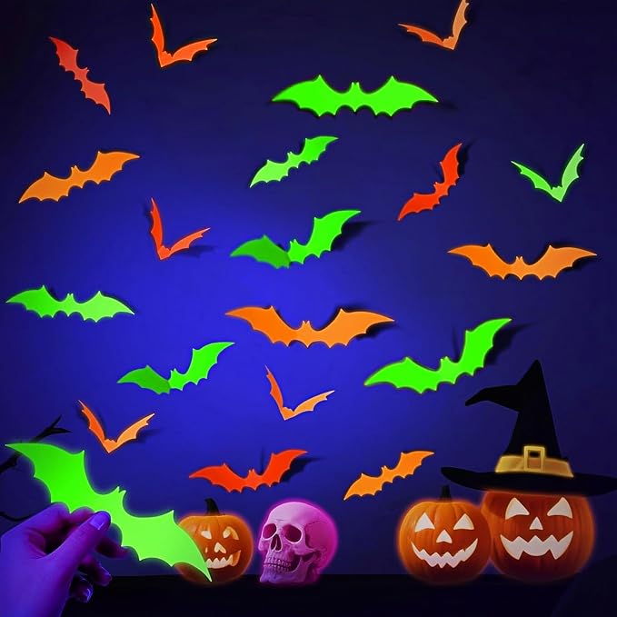 60-Piece 3D Glow-in-the-Dark Halloween Bat Wall Decals Flying Bat Stickers For Spooky Decor photo 1