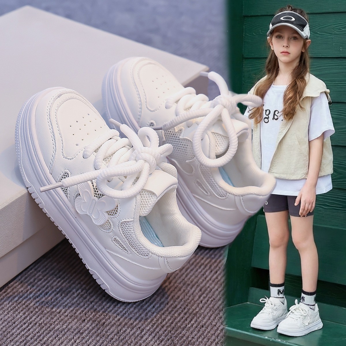 2026 Spring Summer Kids Skate Shoes, Breathable Mesh White Sneakers For Girls, Lightweight Versatile Performance & Running Shoes photo 1