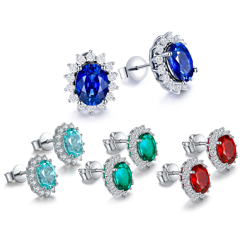 S925 Silver 3.1g Lab-Created Ruby Sapphire Emerald Paraiba Earrings, 8x6mm Halo, 4 Colors photo 1