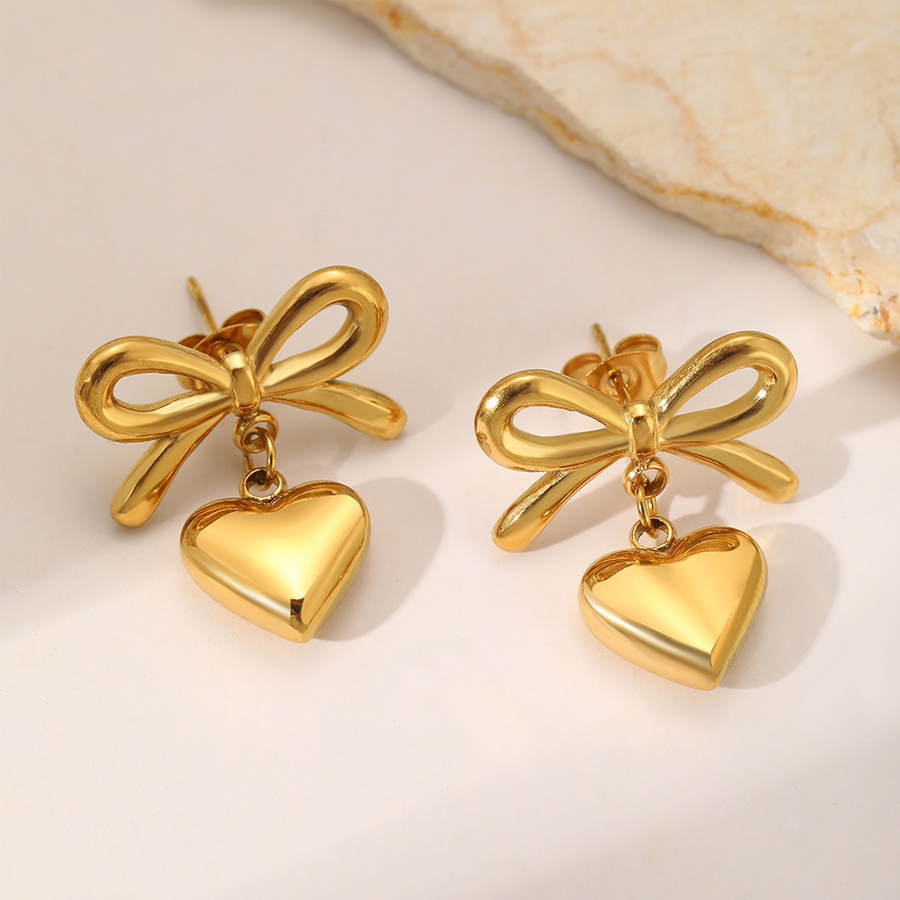 Women Bowknot 3D Puffy Heart Jewelry Set Snake Chain Necklace & Stud Earrings 2Pcs Gold Silver Tone Stainless Steel Romantic Valentine Gift Jewelry photo 3