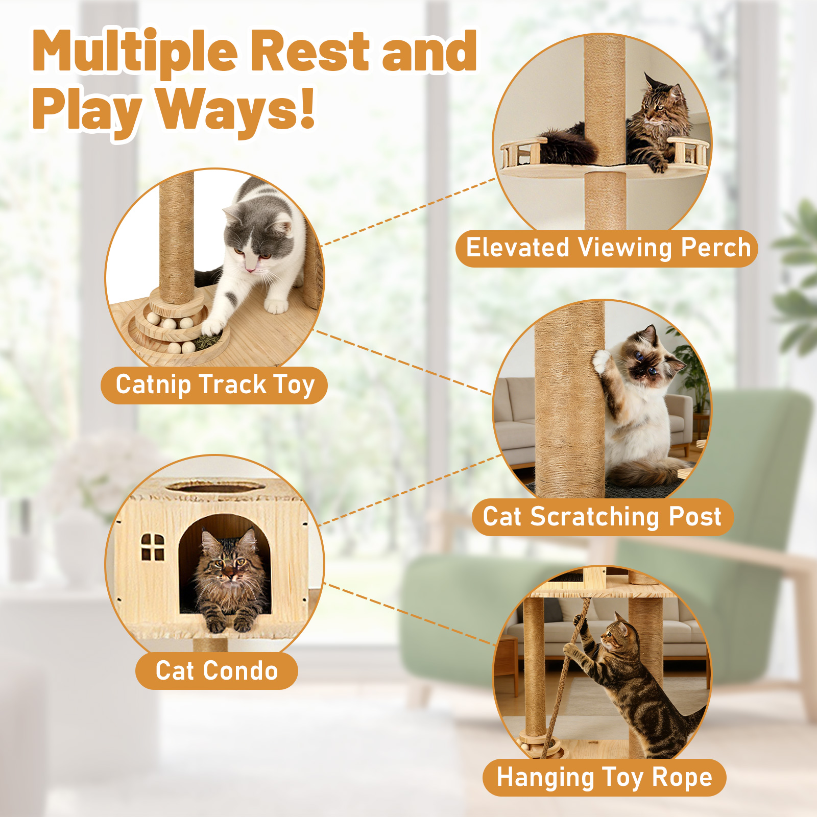 Floor-to-Ceiling Cat Tree With Natural Sisal Rope Scratching Post - Adjustable Height Modern Cat Activity Tree, Cat Scratcher Post photo 4